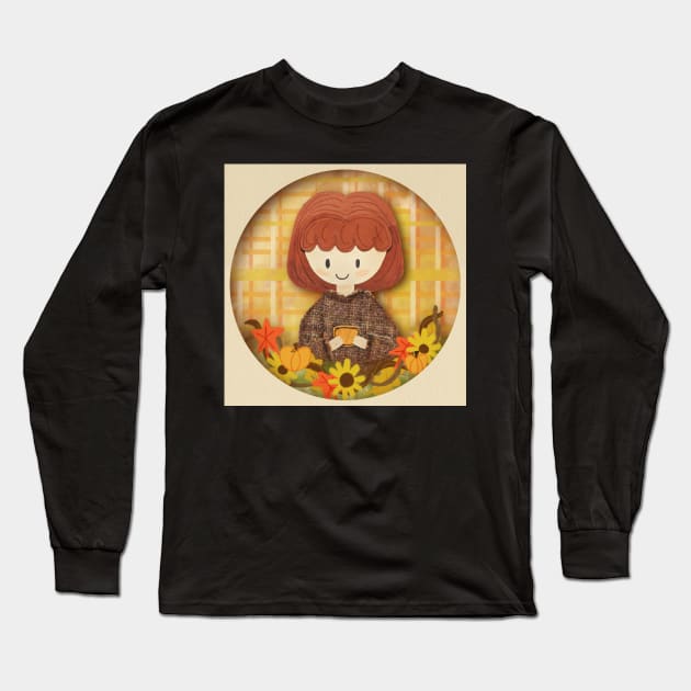 Fall Coffee girl paper cut art Long Sleeve T-Shirt by allysci